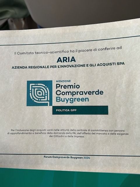 SOSTENIBILITA': ARIA PREMIATA PER GLI ACQUISTI PUBBLICI VERDI