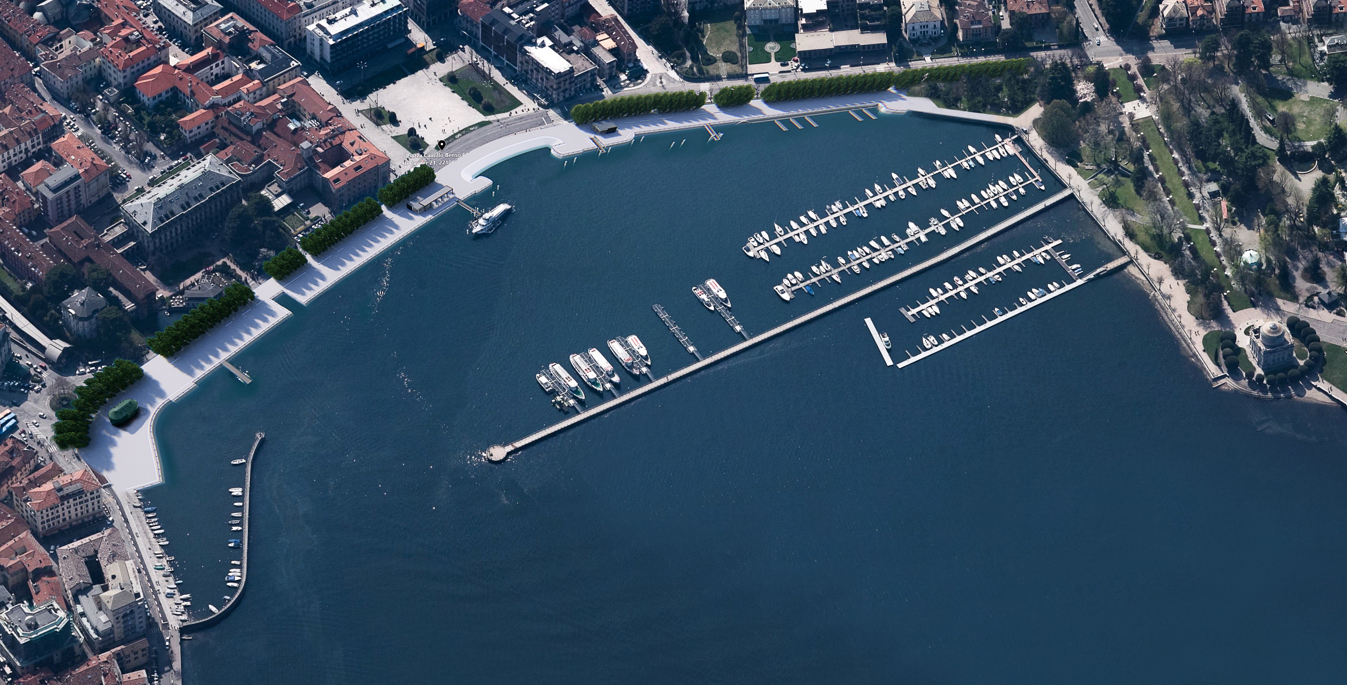 Visione aerea complessiva del lungo lago di Como dopo l’intervento